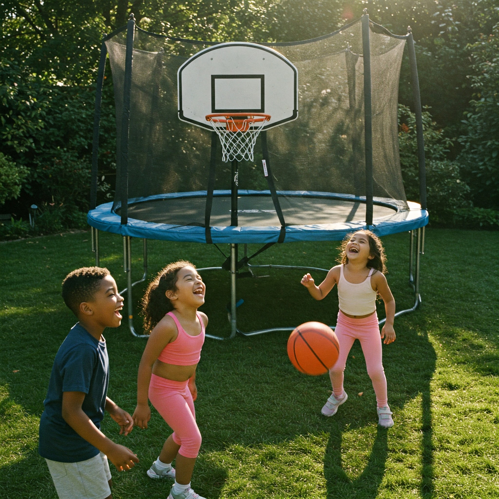 Trampoline Basketball Hoop with kids having fun playing in the backyard.