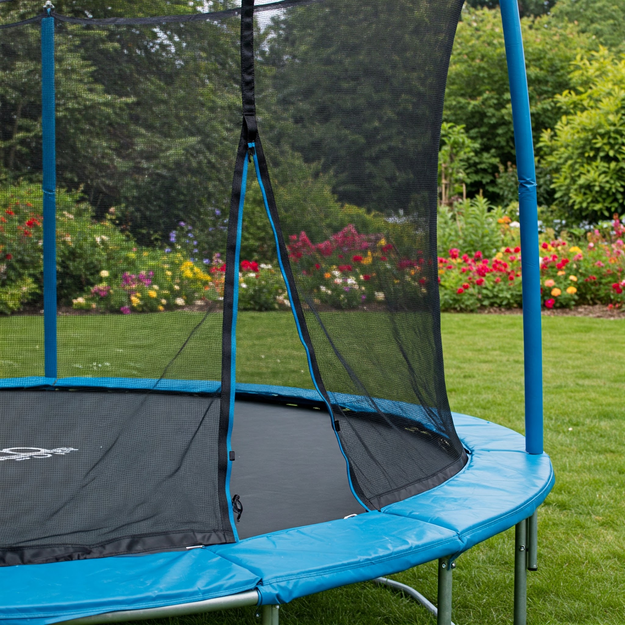 A sturdy trampoline net poles safety net attached to its supporting poles, emphasizing backyard safety.