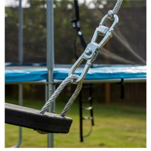 Detailed view of the secure and durable attachment connecting the trampoline swing to a trampoline frame.
