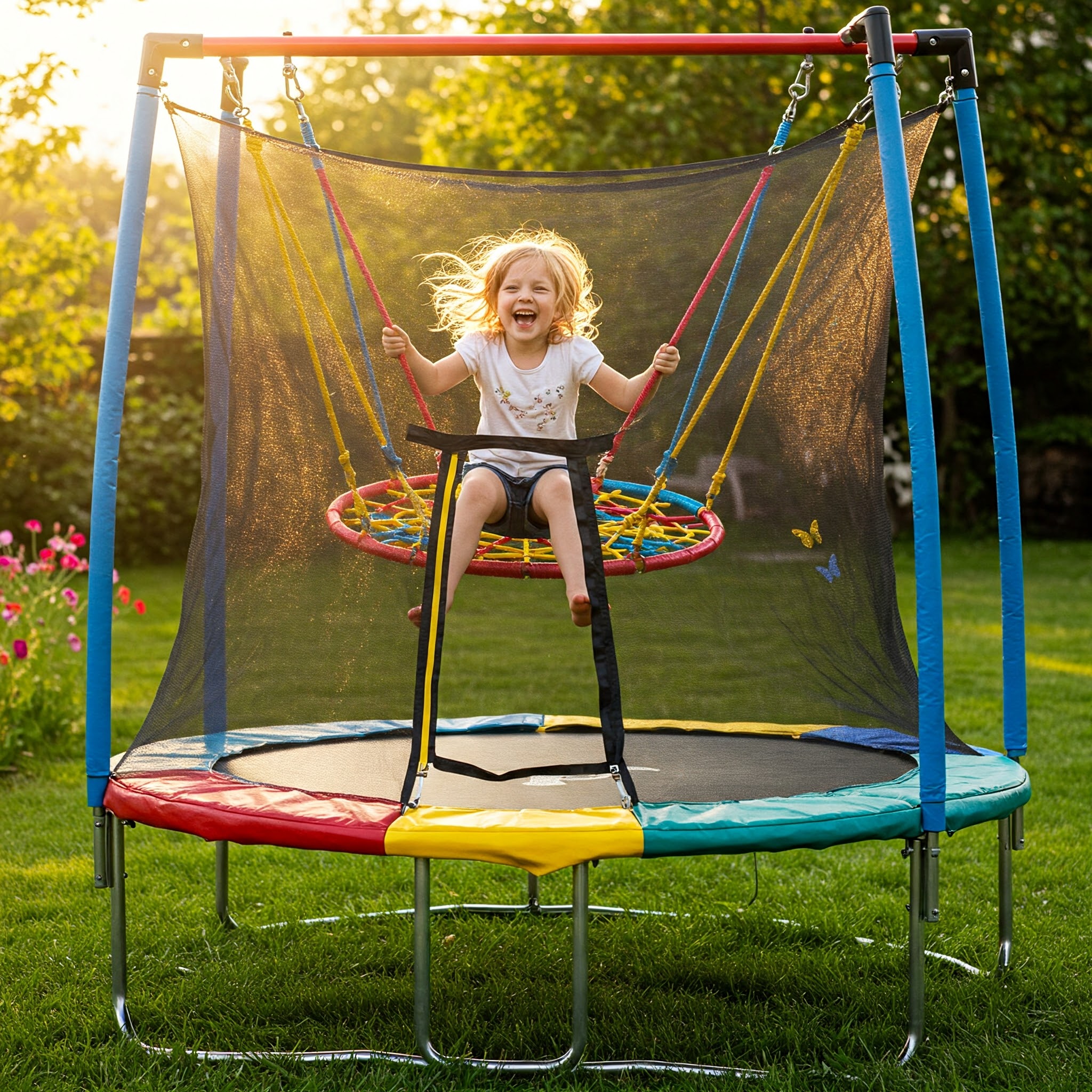 A child gleefully swinging on a trampoline swing set in a sunny backyard, showcasing outdoor fun.