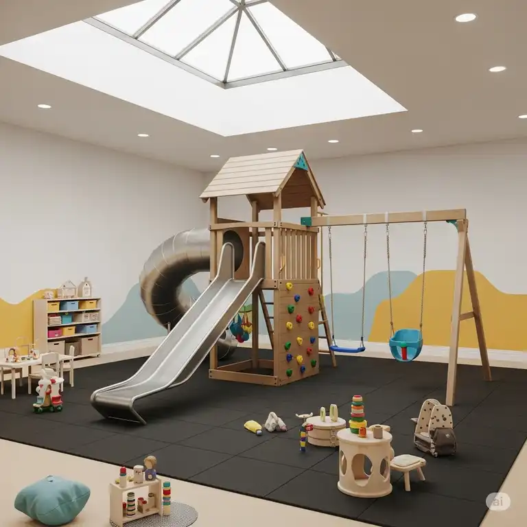 Avenlur playset featuring a slide, swing, and climbing wall, designed for active indoor play and motor skill development.