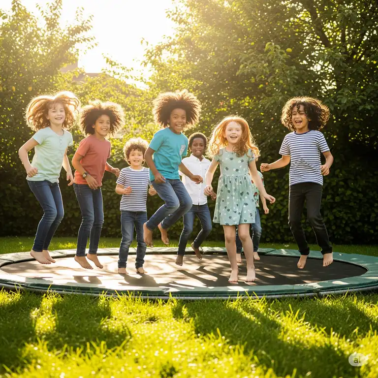 Kids laughing and jumping on a large, round trampoline in a sunny backyard with green grass. backyards with trampolines