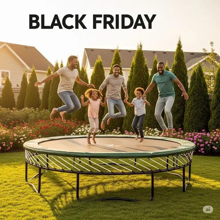 "A happy family, including kids and parents, joyfully jumping on a large, safe trampoline in a backyard, highlighting incredible Black Friday trampoline deals 2025 for family fun and fitness."