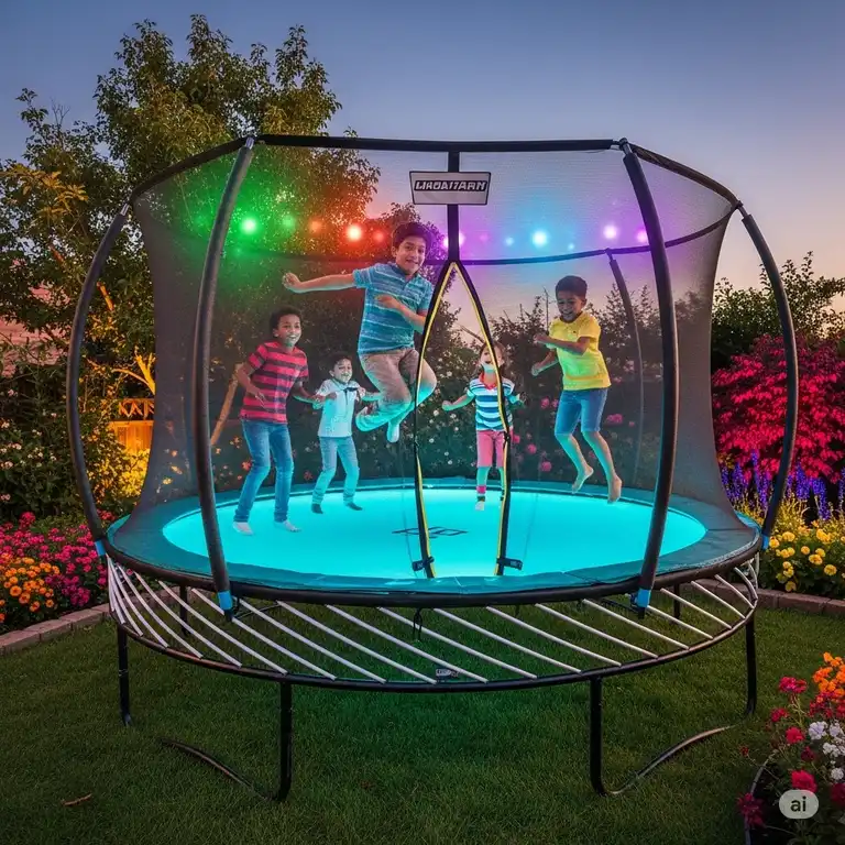 Kids jumping on a backyard trampoline with lights illuminating the netting and jump mat at dusk.