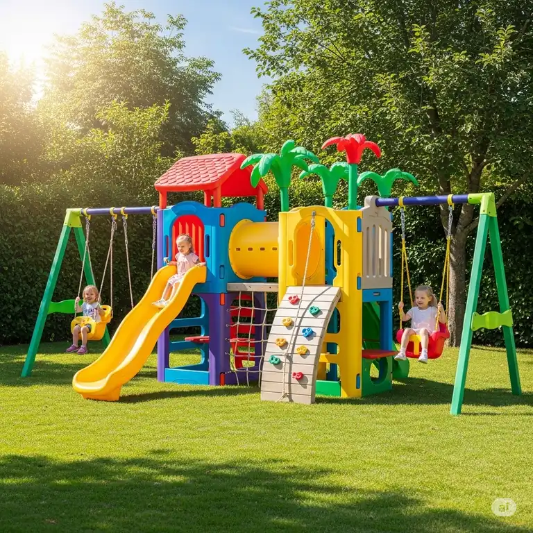 A vibrant outdoor jungle gym for kids with slides, swings, and climbing structures, set in a sunny backyard.
