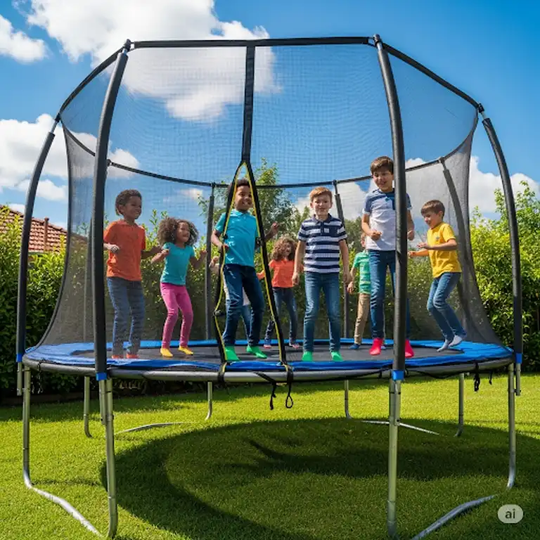 Happy kids jumping on a backyard trampoline and safety net enclosure, ensuring safe play.