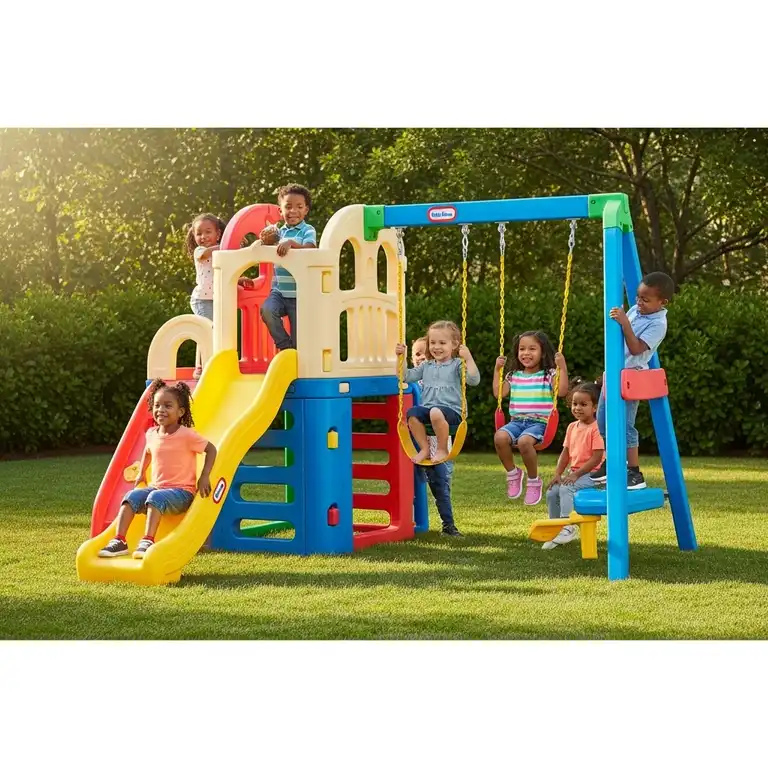 "Happy children playing on a vibrant little tikes jungle gym in a backyard, featuring slides, swings, and climbing structures."