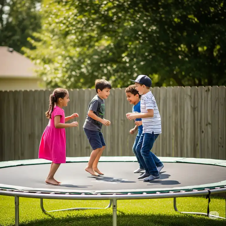 Kids joyfully playing games to play on the trampoline in a backyard setting.