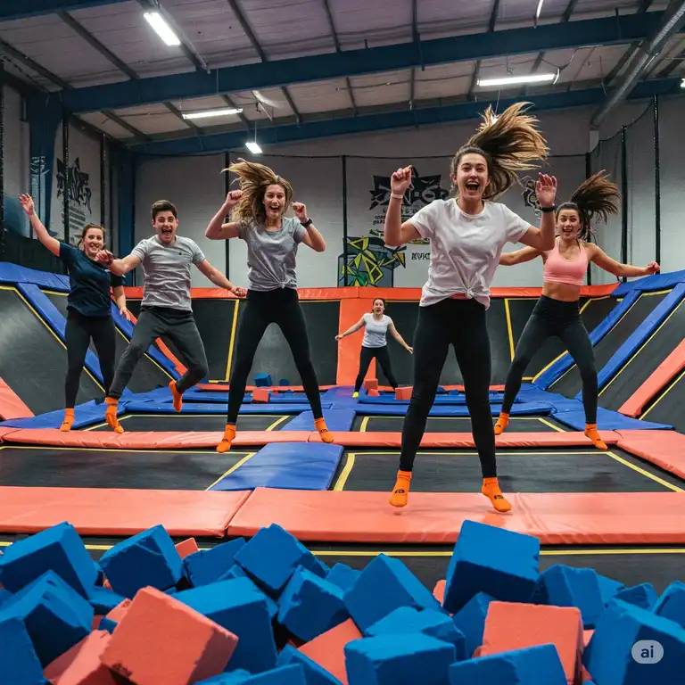 "Excited people jumping and having fun, showing what to wear to a trampoline park for a comfortable and enjoyable experience."