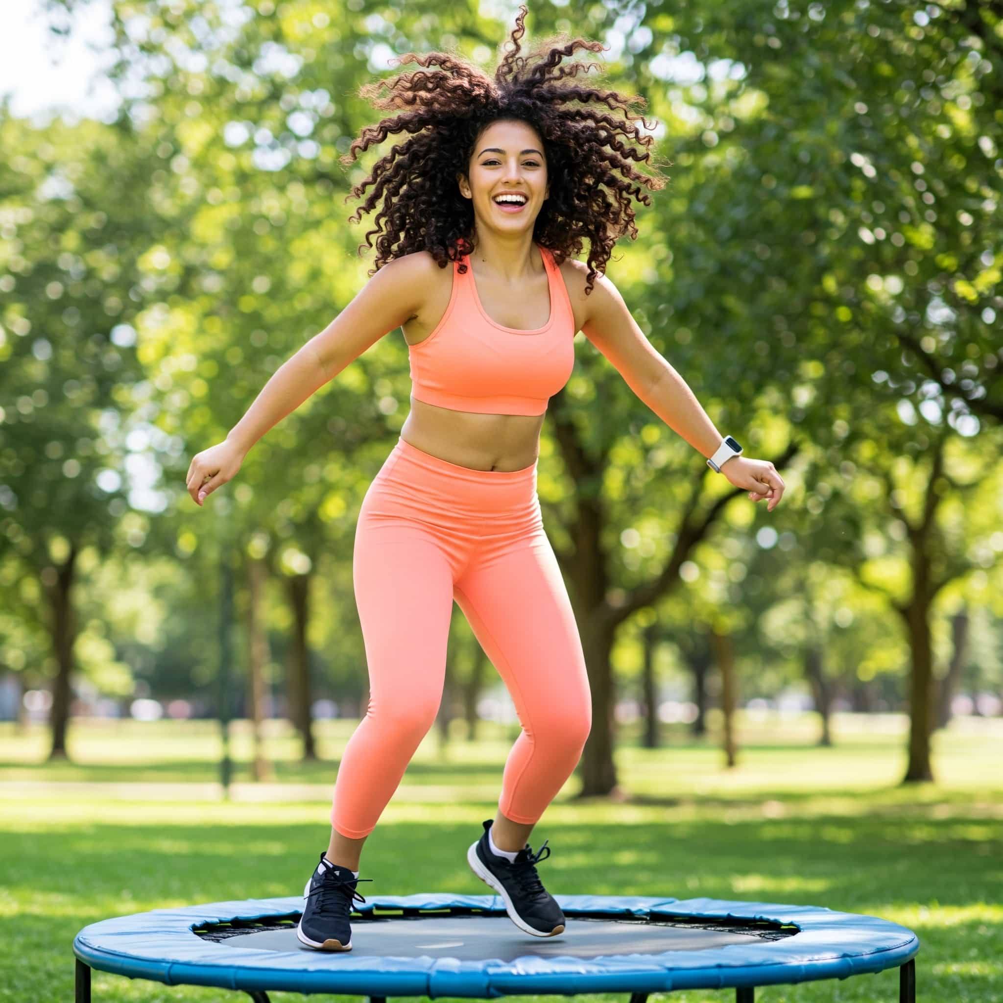 "Woman smiling while bouncing on a trampoline for effective trampoline weight loss and fitness."