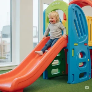 Happy toddler enjoying the safe and smooth slide of an Avenlur indoor playset, promoting fun and activity.
