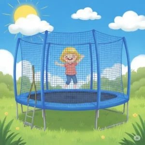 Illustration of a backyard trampoline with a safety net enclosure, emphasizing safe play.