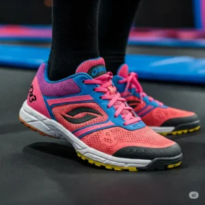 "Close-up of supportive athletic shoes, highlighting the importance of proper footwear for what to wear to a trampoline park for safety."