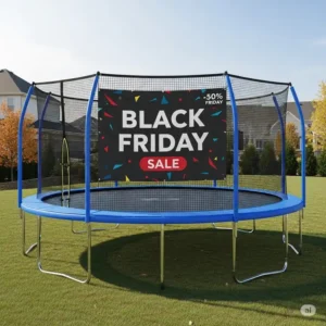 "A spacious round trampoline with a full safety enclosure, showcasing fantastic black friday trampoline deals perfect for backyard entertainment and active play."

