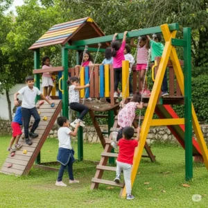 Happy children actively climbing and playing on an outdoor jungle gym for kids, developing motor skills.