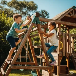 Two happy children actively climbing a wooden **jungle gym for backyard**, demonstrating fun playtime.