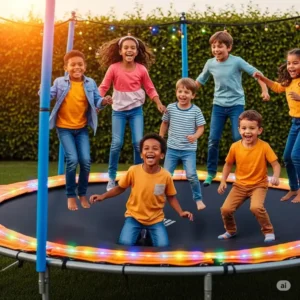 Happy kids laughing while bouncing on a trampoline with lights, creating a fun evening atmosphere.