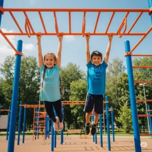 Two happy children mastering the monkey bars at a children's outdoor gym, enhancing their upper body strength and coordination.