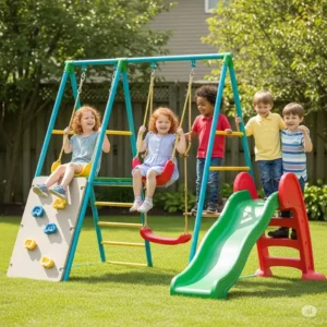 Children playing happily on a compact small outdoor jungle gym with various activity stations.