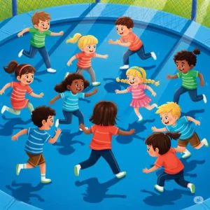 Illustration of children playing games to play on the trampoline called tag.
