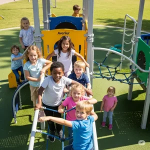 Children engaging in active play, climbing on the secure structure of an Avenlur playset, building strength and coordination.
