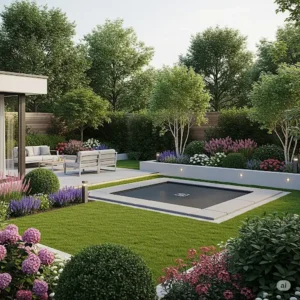 Modern backyard design featuring an in-ground trampoline seamlessly integrated into a landscaped garden. backyards with trampolines