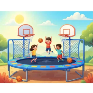 Cartoon showing a trampoline with basketball hoops for active games to play on the trampoline.