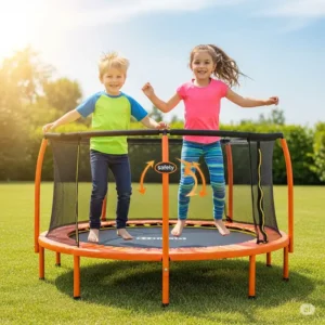 Two children happily bouncing on a double mini trampoline, emphasizing safe and enjoyable play for siblings or friends.
