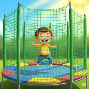Cartoon illustration of a child safely bouncing on a trampoline and safety net enclosure.