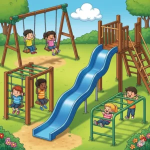 Detailed illustration showcasing various fun components of an outdoor jungle gym for kids, including sturdy swings, a wavy slide, and challenging monkey bars.