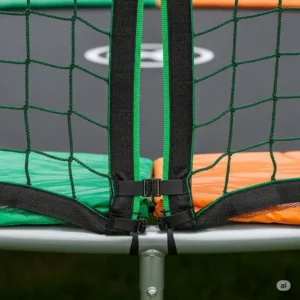 Close-up view of the durable safety enclosure net on a double bounce trampoline, designed to prevent falls and ensure safe play.