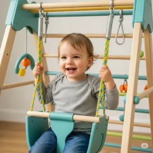 Close-up of a toddler enjoying a gentle swing on a sturdy **indoor playset for toddlers**, designed for safety and fun.