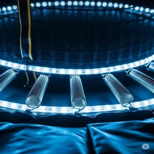 Close-up of LED light strips installed around the safety enclosure and springs of a trampoline with lights.