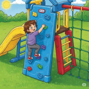 "Detailed illustration showcasing the challenging climbing wall of a little tikes jungle gym, encouraging active play."