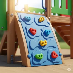 A close-up illustration of the climbing wall feature on a small outdoor jungle gym, encouraging active play.