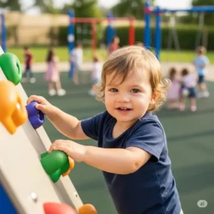 A curious toddler safely navigating a small climbing wall at a children's outdoor gym, developing motor skills and confidence.