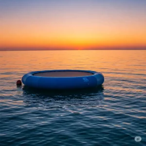 Water trampoline floating peacefully on the surface of a calm ocean.