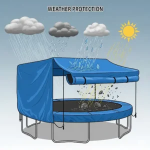 An illustration depicting a trampoline and cover shielding a trampoline from rain, sun, and debris, highlighting weather protection benefits.