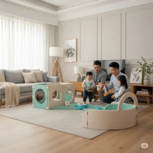Avenlur playset seamlessly integrated into a modern living room, showcasing its compact design and indoor versatility for families.