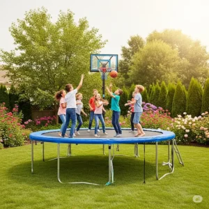 Children playing basketball on a trampoline in a spacious backyard, with a hoop attached. backyards with trampolines