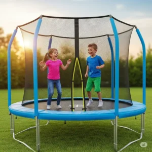 "Two children safely bouncing inside a trampoline with a net enclosure, emphasizing safety features available through black friday trampoline deals."