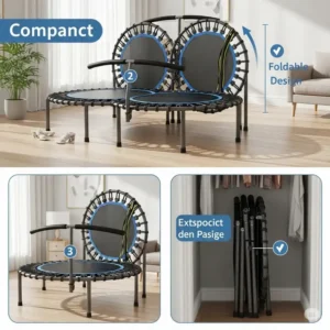 Foldable double mini trampoline demonstrating its compact design for easy storage and portability, perfect for small spaces.
