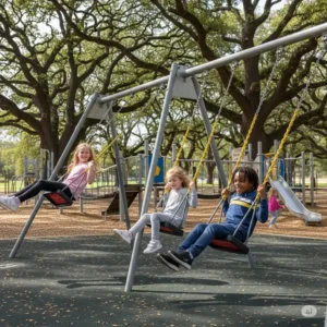 A group of diverse children joyfully swinging on durable swings at a well-designed children's outdoor gym, enjoying fresh air and play.