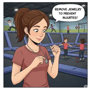 "Illustration depicting someone removing jewelry, a safety reminder of what to wear to a trampoline park and what to avoid."