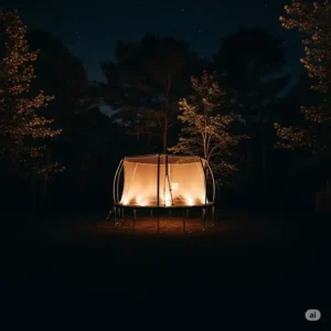 An illuminated trampoline with lights standing out as a bright focal point in a dark backyard, surrounded by trees.