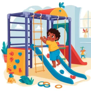 Illustration of a toddler engaging with climbing features on an **indoor playset for toddlers**, promoting motor skill development.