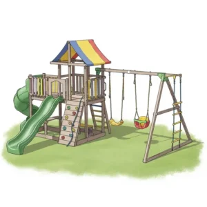 A detailed illustration of a **jungle gym for backyard** with an integrated swing set, adding more play options.

