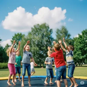 Drawing of a trampoline set up with soft obstacles for an engaging game to play on the trampoline.
