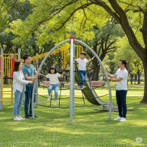 Parents smiling and supervising their kids enjoying safe play on an outdoor jungle gym for kids in a spacious park setting.
