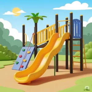 An illustration highlighting the wavy slide component of a small outdoor jungle gym, fun for young adventurers.